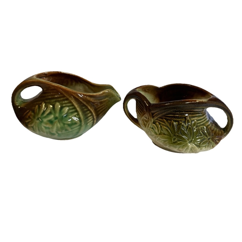 Vintage 1940's McCoy Art Pottery Daisy Green Art Deco Open Creamer And Sugar Set